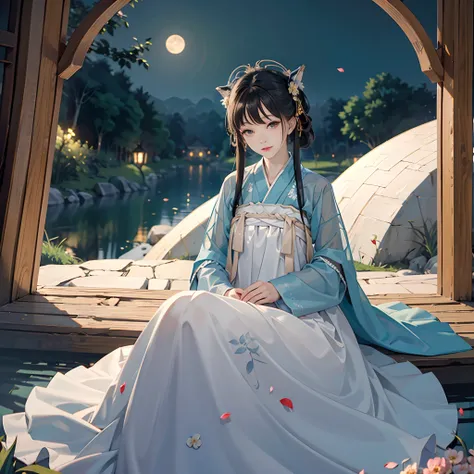 (Best quality,A high resolution,Clear image:1.2),Ultra-detailed background,Beautiful women,Korean traditional hanbok,Delicate petals,Garden scene,Moonlit Night,Romantic atmosphere,Dutch Angle Shot,Soft lighting,head gear