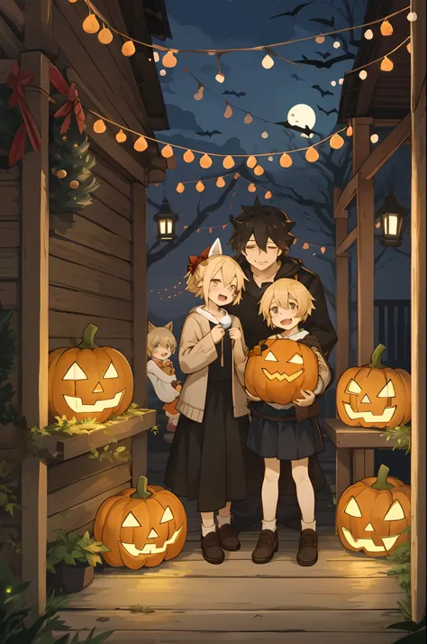 Create a detailed, high-quality fan art cover for a doujinshi based on a slice-of-life anime series, featuring a close-knit family enjoying Halloween together. The scene should depict a festive and joyous atmosphere, with the family members laughing and su...