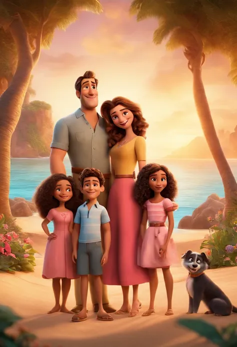 a Disney Pixar movie poster showing a family. The father is the same height as the mother, o pai e moreno, Tem barba curta, preto, cabelos curtos e espinhosos ondulados. Mom has brown eyes,  e cabelo  claros na altura dos peitos. A menina tem 4 anos e cabe...