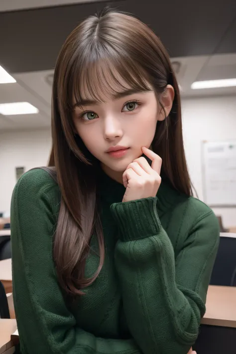 1girl in, Sternenauz, flush, Perfect Illumination, brown haired, side-swept bangs、Green eyes,　oversized school sweater , Seitenbereuchtung, hyperdetailed face, 4K, pony, glistning skin,　s Office, Dynamic Pose、(miscievous smile:0.4)