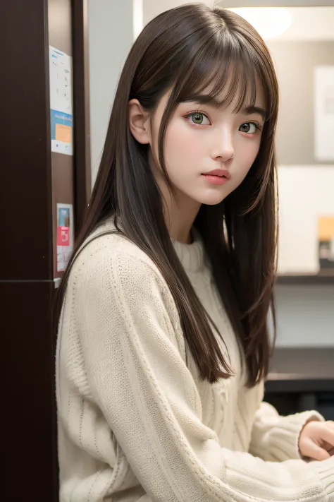 1girl in, Sternenauz, flush, Perfect Illumination, brown haired, side-swept bangs、Green eyes,　oversized school sweater , Seitenbereuchtung, hyperdetailed face, 4K, pony, glistning skin,　s Office, Dynamic Pose、(miscievous smile:0.4)