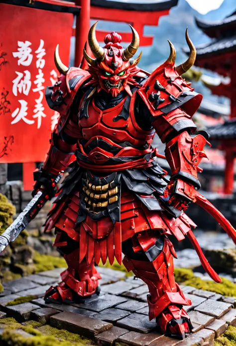 full body Esbian、Cool Red Oni、Villain Red Oni、figurine、Armor Musha、a person々takeout、The Monster、diorama、symple background、Fortress background、​masterpiece, Best Quality, Capture super cute moments, depth of fields, ultra-detailliert, Ultra High Resolution,...