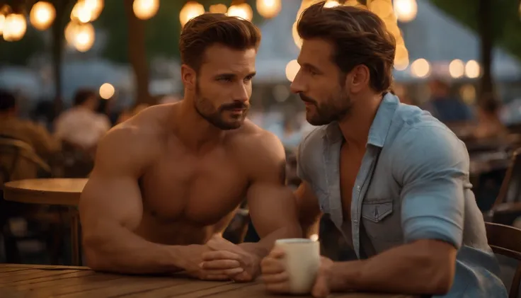 photo of stunning two handsome muscular men sitting outdoors at a French cafe near Eiffel Tower, Paris, no female, honey eyes, short messy windy light brown hair, flipping hair, closeup zoomed in tight crop portrait, people watching, top-view (out door fre...