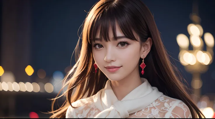 masterpiece, award winning, super detail, high quality, 8k, girl, solo, smile, bangs, earrings, fashionable clothes, portrait style, a hotel decorated with illuminations, theme color is off white, accent color is red, bokeh, illumination background, night ...