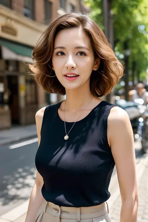 (masutepiece, Best Quality), A beautiful lady in her 40s, Detailed sleeveless turtleneck top, Pants, Necklace, Wavy Hair, Perfect face, Beautiful face, enticing, big gorgeous eyes, Open mouth, Happy, perfect slim fit body, (plein air), the city street, Bri...