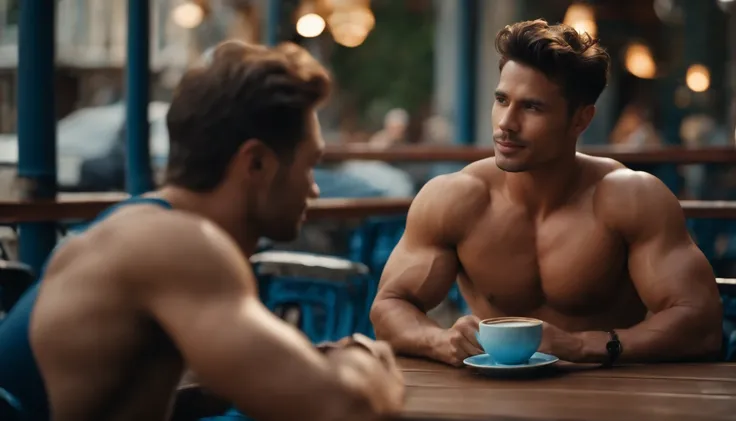 photo of stunning handsome muscular naked Thai men, no female, honey eyes, no shirt short messy windy light brown hair, flipping hair, closeup zoomed in tight crop portrait, sitting outdoors at a cafe, look you look at me, top-view (out door french coffee ...