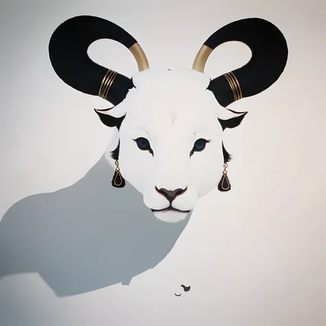 minimalistic lineless logo of a silhouette of the head of the animal a ram with earrings on the horns. no humans. the ram is facing forward. horns are long and curl out to the side