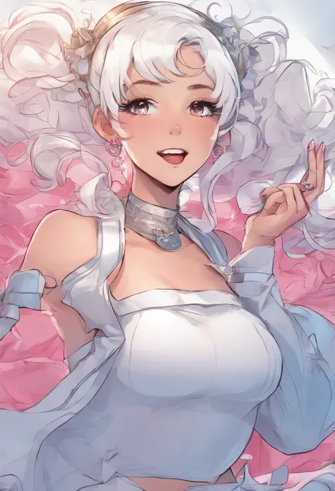 White hair, goddess, twintails, tight shirt, mini skirt, pink skirt, crop top, white crop top, quality face, quality picture, Adult female, mouth open, tongue out, blush, white liquid in mouth,