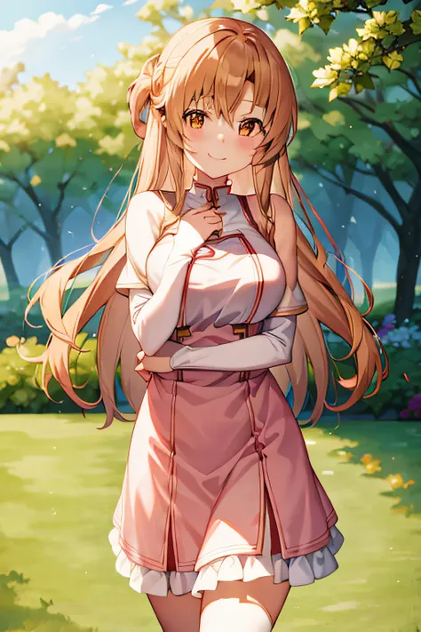 asuna , standing, smile, garden