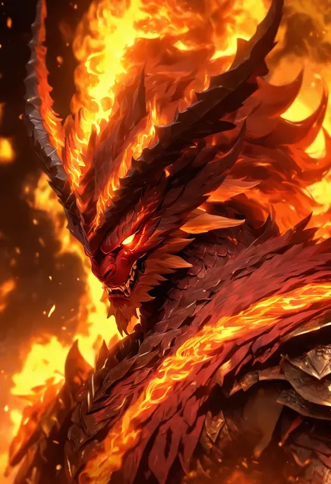 Huge fire dragon，Anime character in the shape of a western dragon，Fantastical legendary creatures,Long fiery red hair and blonde eyes, Character Album Cover, full art, fantasy character, full art illustration, full portrait of elementalist, character profi...