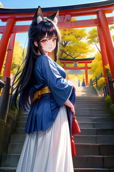 hight resolution, top-quality,  ultra-quality, The ultra-detailliert, lighting like a movie、Deep blue and white hakama、Fox-eared girl、Slender Line、a smile、Red torii gate on background、Stand on the steps of the shrine、Long black hair、Yellow eyes、