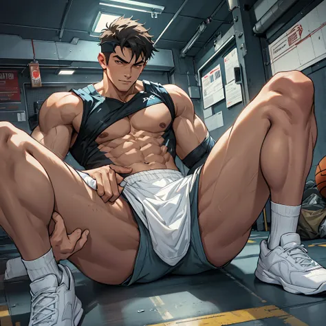 Libido boy，Tong，large pecs，Big bag，Wear white basketball socks，Half recumbent，CG sense，POV perspective，spread their legs，Dark atmosphere，8K,Cinematic lighting effects，Textured skin，best qualtiy，Storytelling images，Storytelling images，dynamic blur，actionpos...