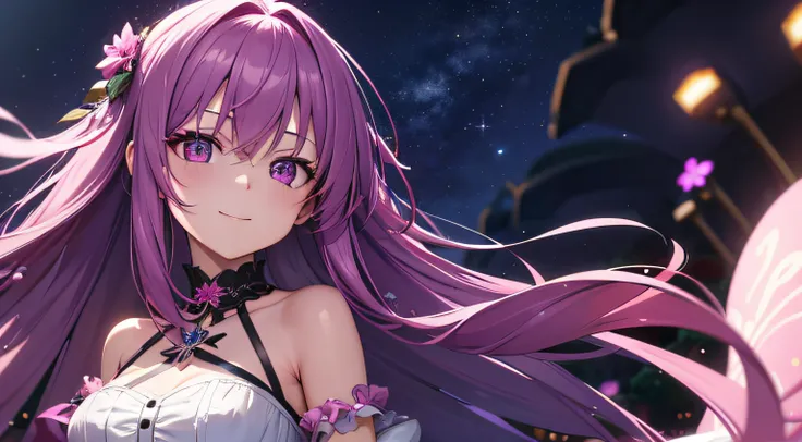 1girl, long violet hair, pink eyes, wearing dress, flores, lightmoon, night, absurdres, high res, ultrasharp, 8K, masterpiece, looking at viewer, happy face