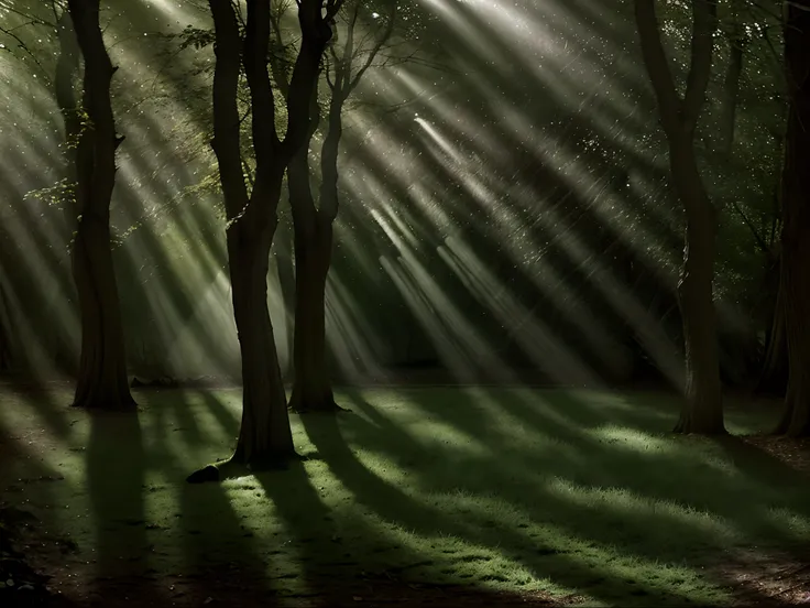 Enchanting Woodland: Sunlight filtering through the trees, creating a magical play of light and shadow.