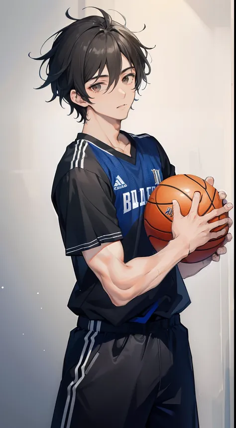 ((masterpiece, best quality, more detail)), ((1man)), a man 22 years old with messy, black hair wearing a sports uniform is standing at the basketball hall with holding ball