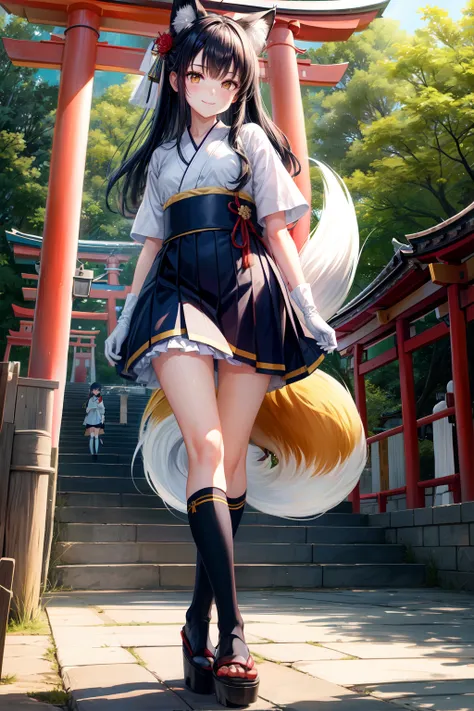 hight resolution, top-quality,  ultra-quality, The ultra-detailliert, lighting like a movie、Navy blue and white kimono、Fox-eared girl、Slender Line、A smile、One red torii gate in the background、Stand on the steps of the shrine、Long Black Hair、Yellow eyes、Fox...