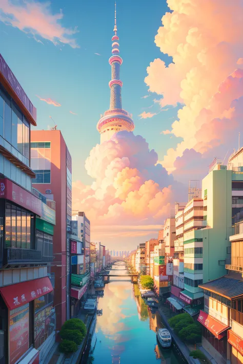 ((best quality)), ((masterpiece)), (detailed), Cute Kawaii Pastel seoul City Portrait (detailed cloudscape:1.3), (high-resolution:1.2)