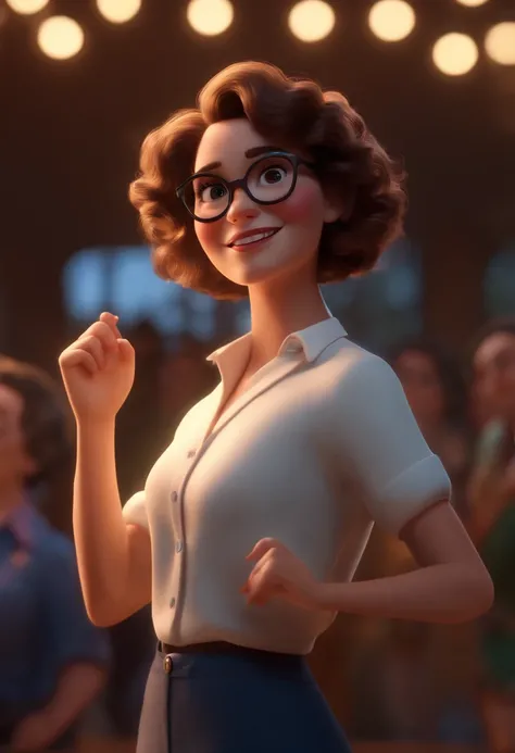 Pixar style image with 3D character white glasses brunette woman short curly hair dancing, Maquiagem Disney,Pescador, bonitinho, sorridente ,Close-up, Pixar, Disney, Cinema lighting,