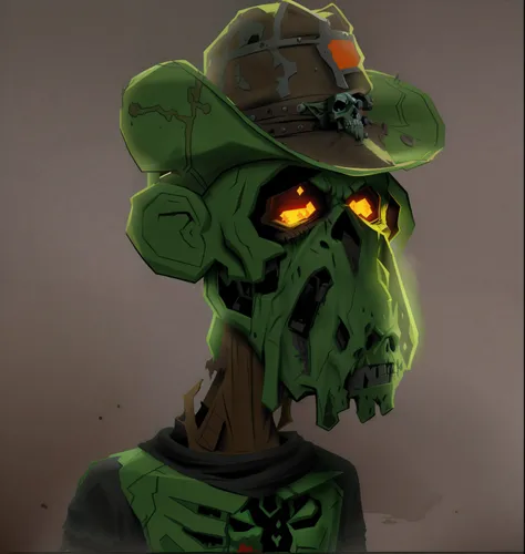 cartoon zombie with a hat and a skull on his head, post - apocalyptic cowboy, zombie in horror concept art, zombified, yoda as a zombie, skull, skeleton cowboy, finished concept art, grotty, sticky tar. concept art, senior concept artist, early cuyler, ful...