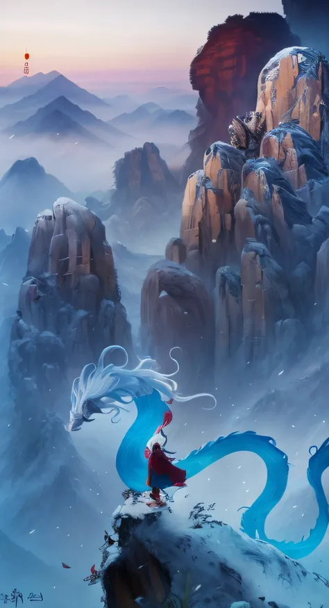 standing on cliff，Chinese conceptual art，Highly detailed Xianxia art，Chinese fantasy，big breasts beautiful，snowflower