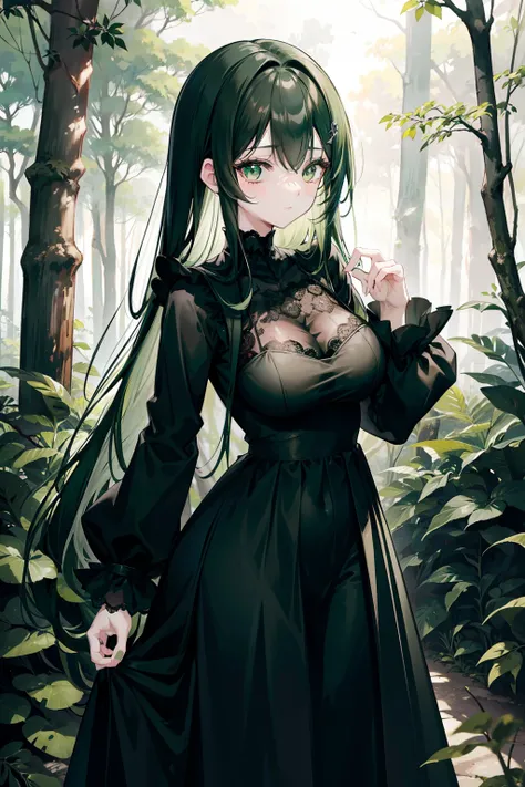 anime girl, dark green hair, standing in a dense forest with a beautiful black and white long sleeved dress, lace, black lace in her hair, beautiful green eyes, detailed, good anatomy, high resolution