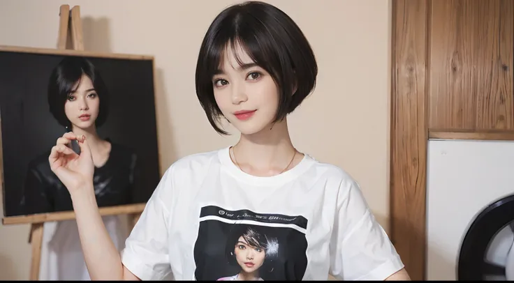 86
(a 20 yo woman,is standing), (A hyper-realistic), (Masterpiece), ((short-hair:1.46)), (Smooth black hair), (breast:1.0), (kindly smile), Wearing shorts, (Wearing a T-shirt with a character design print), (Beautiful skin:1.5), Big paintings