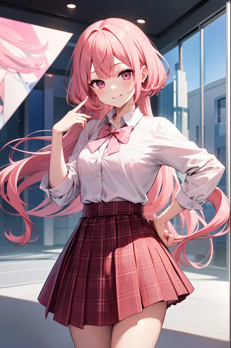 1idol, coral pink hair, silver eyes, wearing coral pink checkered skirt, plaine white button up shirt with coral pink bow , smiling , absurdres, high res, ultrasharp, 8K, masterpiece