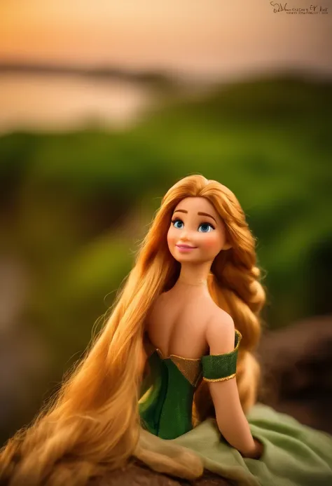 Rapunzel is looking directly at the camera, inclinando-se pela direita, e pisca brincando. Rapunzel Sexy, Rapunzel directly in front of the camera, (Solto _Hair: 1.9), Winks jokingly at the camera, figura da ampulheta, Roupa verde da ilha, ao ar livre, Pra...