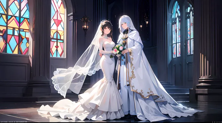 animesque、full body Esbian、fantastical light、illustratio、ultra-definition、A detailed eye、Detail Facial、Fantasia、One girl、Luxurious Wedding Dresses、robe blanche、Wearing a beautiful veil、length hair、doress、Luminous butterfly、stain glass、Prismatic light、