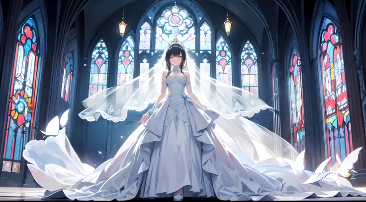 animesque、full body Esbian、fantastical light、illustratio、ultra-definition、A detailed eye、Detail Facial、Fantasia、One girl、Luxurious Wedding Dresses、robe blanche、Wearing a beautiful veil、length hair、doress、Luminous butterfly、stain glass、Prismatic light、