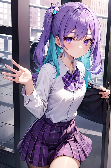 1idol, Turquoise hair, Amethyst Purple eyes, wearing Amethyst Purple checkered skirt, plaine white button up shirt with Amethyst Purple bow , absurdres, high res, ultrasharp, 8K, masterpiece