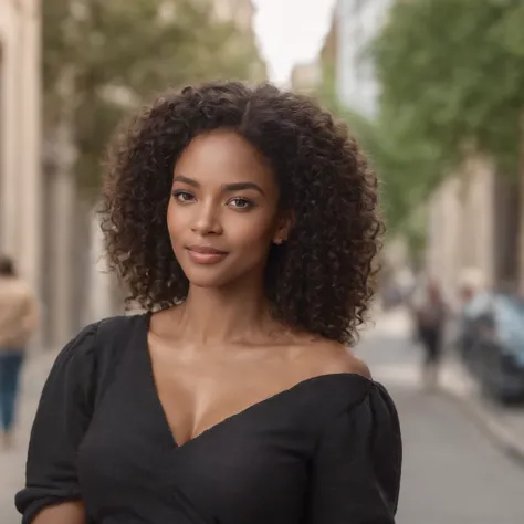 1 black woman, realistic photo, detailed face, empty street, very high detail, curly hair, depth of field, black hair, , full body, pubic hair, smiling.