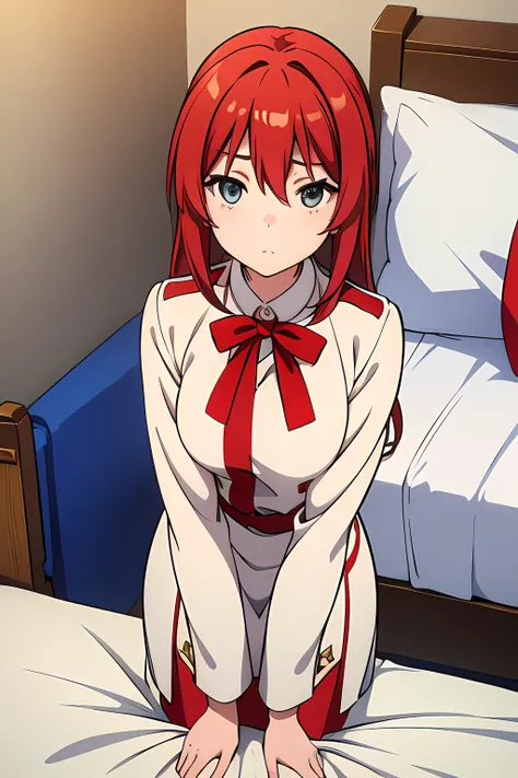 (1girl in),(beautiful eyes finely detailed, Face to detail, multi colored hair (red and white)), wearing uniform, flying down her back in bed, tsundere facial expression, looking at viewers, camera angle from front, full body, masterpiece sidelighting, ​ma...