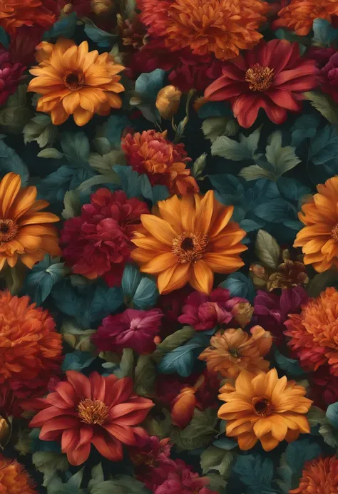 Beautiful repeating beauitful autumn flowers pattern in jewel tones, 3D effect, hyper realistic , pintrest, hex code colors 5ABCB9, 63E2C6, FB6376, 613F75, 0C6291 only, flowing, wallpaper, artistic