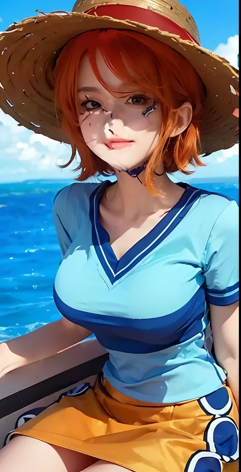 (Best quality, 8k, 32k, Masterpiece, UHD:1.2),Nami one piece,beauty face,(leaning forward:1.3),(from above:1.2),(close up:1.4),,large breasts,(beautiful nipple slip:0.9),,windy,shiny skin,blurry background,