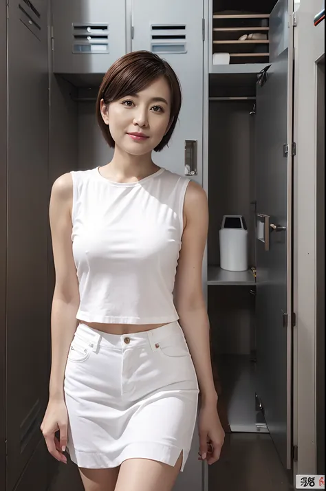 white  shirt、No bra、a miniskirt、Pants are visible