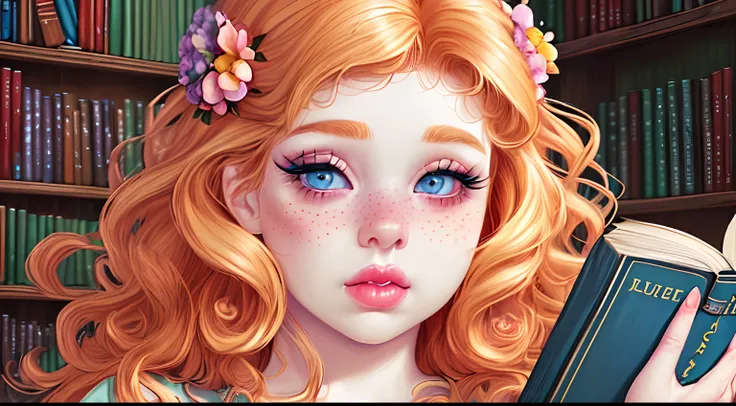 (best quality,highres),(realistic),(portrait),(studio lighting),(vivid colors),(soft),(chubby),(pale skin),(freckles),(strawberry blonde),(blue eyes),(big eyelashes),(big lips),(long hair with curled tips),(flowers),(books), Plus size, chubby, big hips, bi...