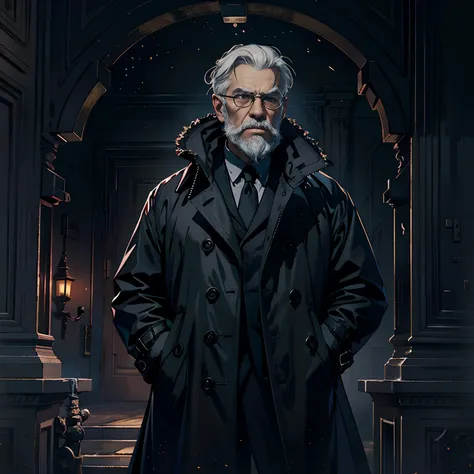 The Agent is a old man with medium grey hair and a beard，Wears a large black trench coat with a black pattern。It is completely two extremes with a stern face。Dark theme， optic， fanciful。