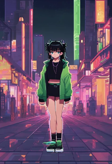 Anime afemined boy , with black hair tied like a ponytail, green eyes, wearing crop tops, black mini skirt, high top sneakers, earrings, erotic pose, night place with neon lights