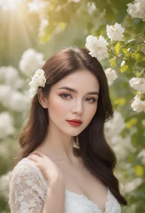 beautiful detailed eyes,beautiful detailed lips,extremely detailed eyes and face,long eyelashe,simple and elegant appearance,serene expression,standing in a vibrant garden with colorful flowers blooming everywhere,filled with sunshine,vivid colors,soft lig...