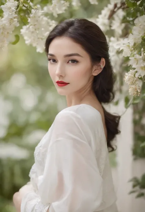 beautiful detailed eyes,beautiful detailed lips,extremely detailed eyes and face,long eyelashe,simple and elegant appearance,serene expression,standing in a vibrant garden with colorful flowers blooming everywhere,filled with sunshine,vivid colors,soft lig...