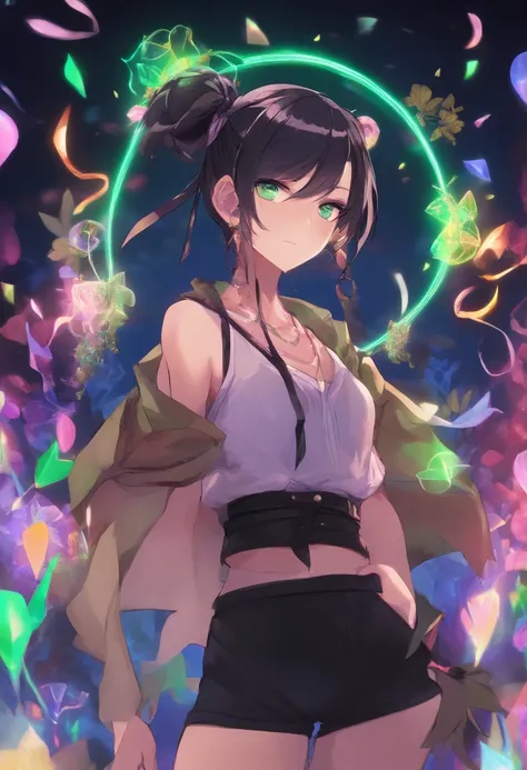 Anime femboy , with black hair tied like a ponytail, green eyes, wearing crop tops, black mini skirt, high top sneakers, earrings, full body pose, night place with neon lights