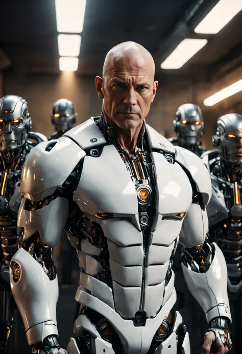 bald, muscular white man in his fifties, hazel eyes, dressed in tgron legacy style suit, with machines in the background, with c...