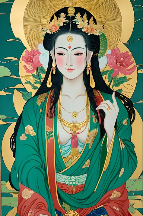 Goddess of ancient Japan, guanyin of the southern seas, guanyin, Inspired by India, Avalokitesvara rides a komaninu，,serene expressions,shui mo hua,Buddha,budista,lotuses,Japan style of painting,Thangka style