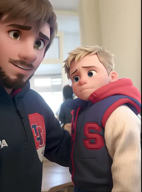 Theres a man and a boy who are together, with a boy, Carga de alta calidad, imagen de muy muy muy baja calidad, Padre con hijo, con un chaleco rojo, Puesto 4K, 4k post, wearing a track suit, Aspecto serio, foto de perfil, looking defiantly at the camera, M...