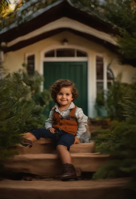 menino: Miguel, aproximadamente 5 anos de idade, cabelo curto estilo Disney, olhos castanhos e sorrisos. garota: Giovana, 2 anos, longos cabelos pretos e olhos azuis. scenecy: Miguel and Giovana are in a cozy little house in the valley, ao fundo um dia ens...