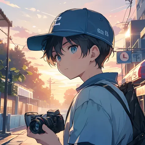 （（（the camera covers the face））），the boy holds（（sony cameras）））the boy wears a baseball cap，the camera covers the face，（（15year ...