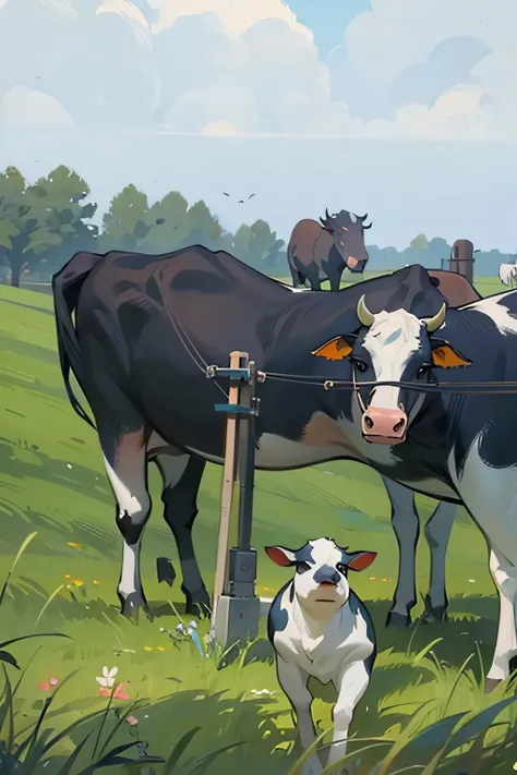 there are a lot of cows that are standing in the grass, random cows, cows, looks directly at camera, all looking at camera, stares at the camera, looks at the camera, looking straight to the camera, looking distracted and awkward, cow, looking directly at ...