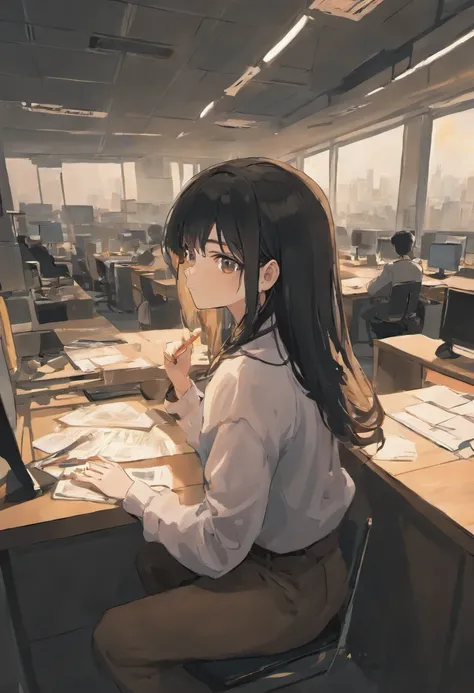 A girl with black hair, working in an office, Sitting,