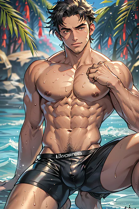 ((Best quality, 8K, Ultra-detailed, Masterpiece: 1.3)), 1boys, Shiny skin, Sharp, Perfect body beauty, realistic shadow perfect body, (Cute baby face:1.1),("Bikini, large bulge ":1.2),(Dynamic pose:1.1), upper legs , (Bulge focus:1.2) ,crouched , Wet skin